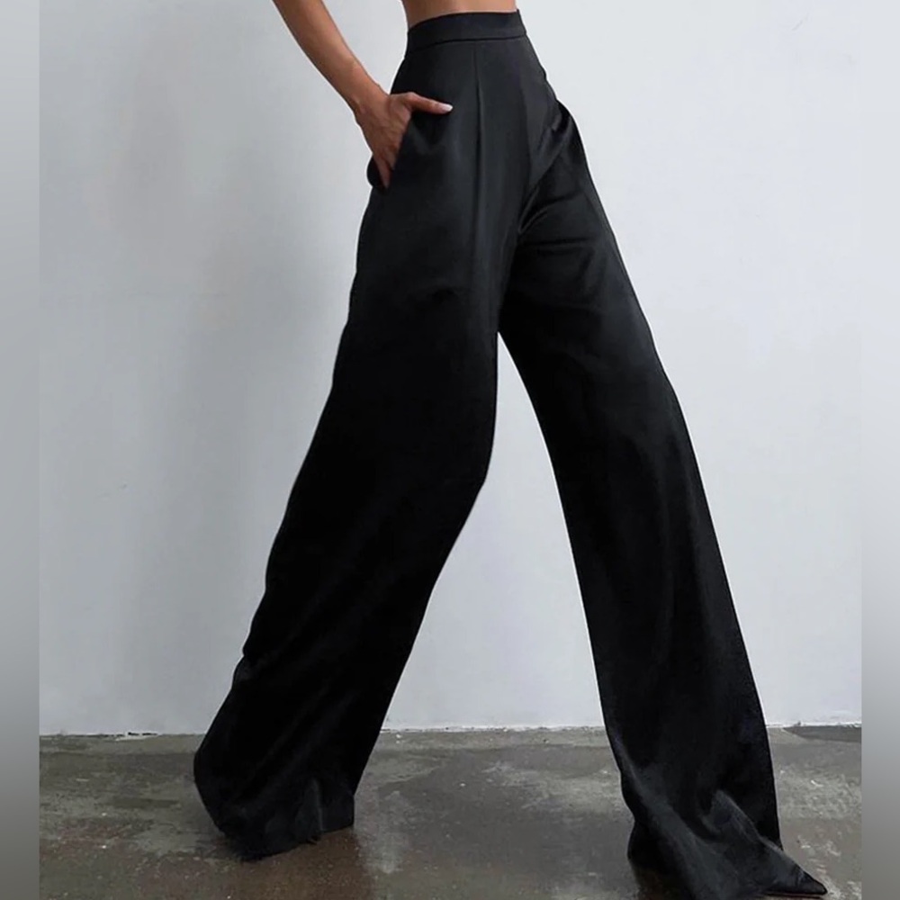 Commense Black Oversized Satin Wide Leg Dress Pants Size M